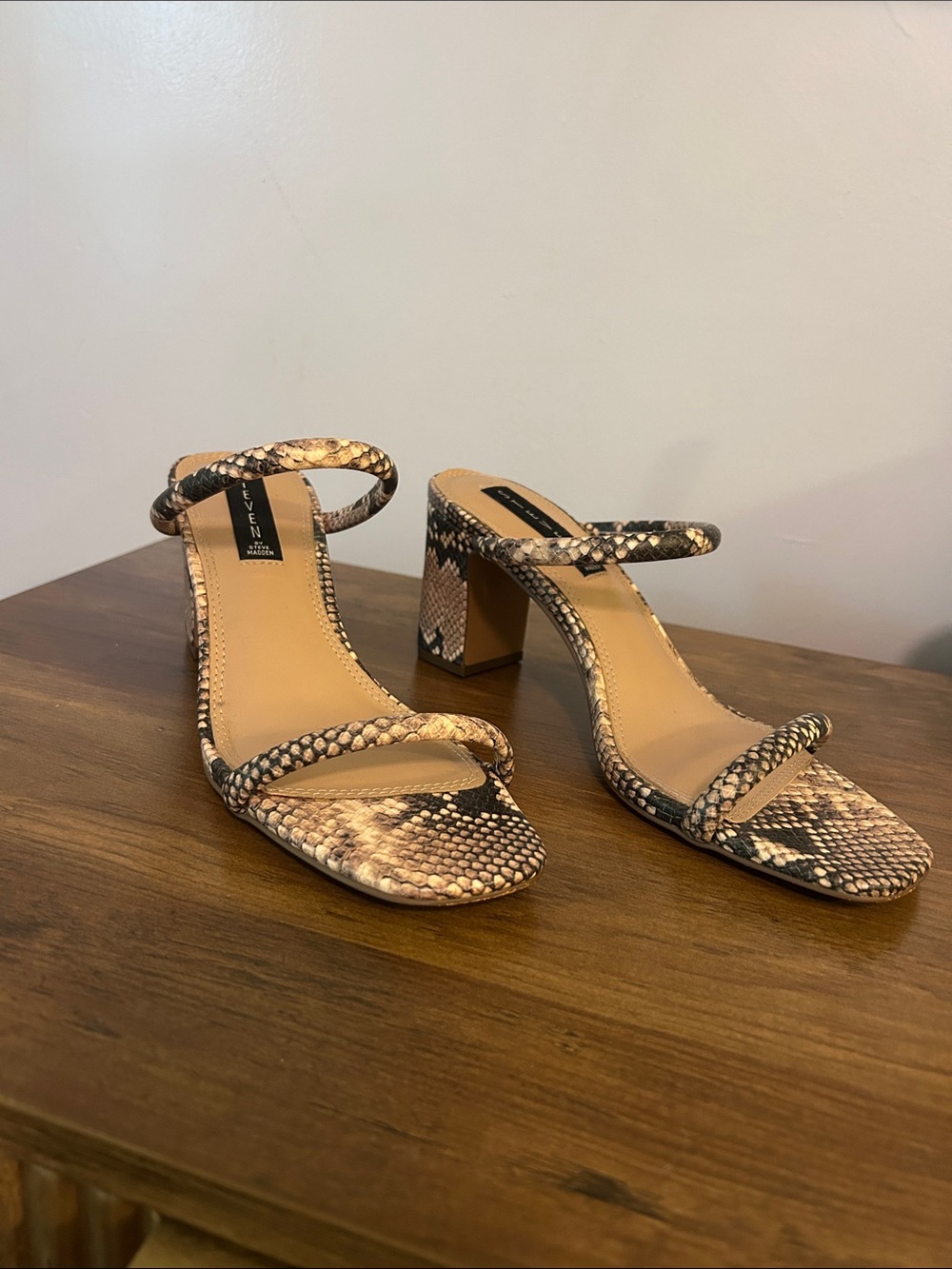 Steve Madden Beige and Black Snake-Print Block Heel Sandals